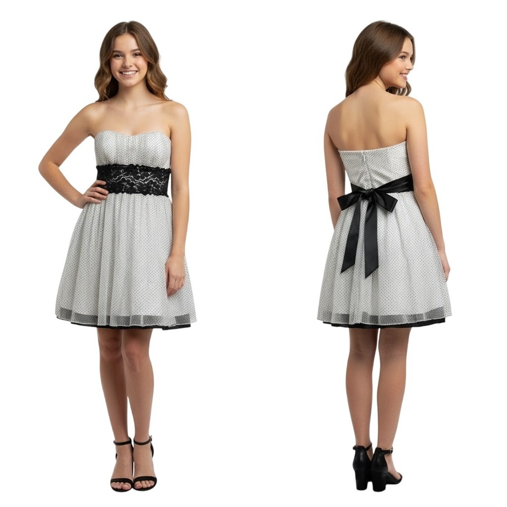 Inspire Me Strapless Fit Flare Mini Dress White Polka Dot Lined Bow Juniors 5
